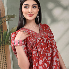 Women Rust Color Printed Cotton V Neck Empire Ethnic Dress