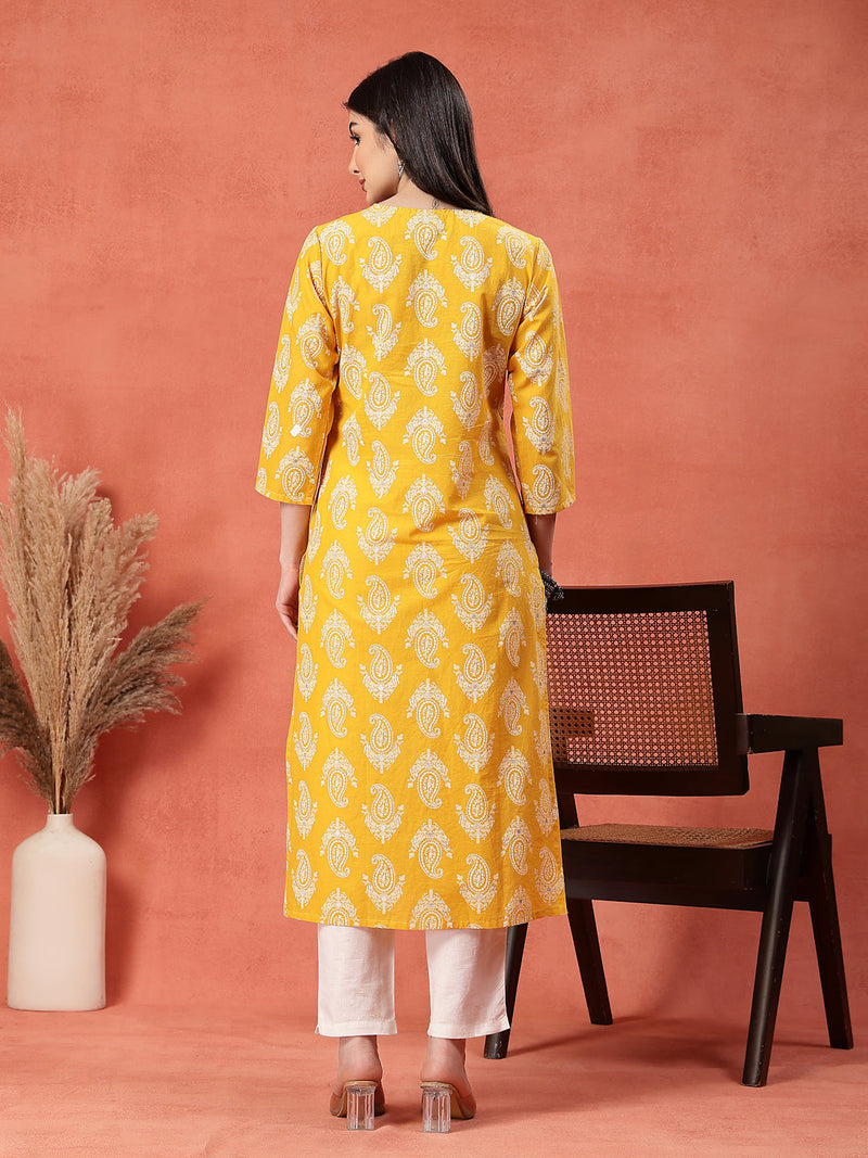 Yellow Color Paisley Printed Thread Work Notch Neck Pure Cotton Straight Kurta