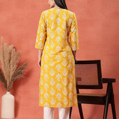 Yellow Color Paisley Printed Thread Work Notch Neck Pure Cotton Straight Kurta