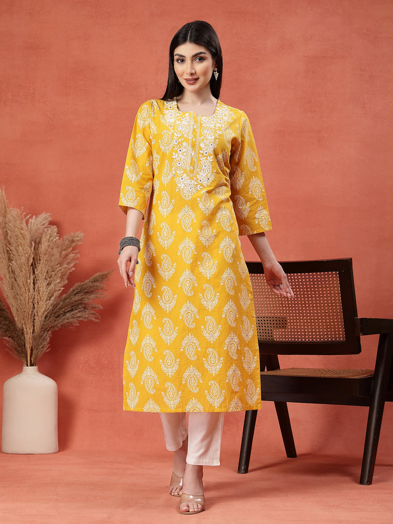 Yellow Color Paisley Printed Thread Work Notch Neck Pure Cotton Straight Kurta