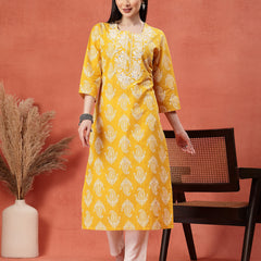 Yellow Color Paisley Printed Thread Work Notch Neck Pure Cotton Straight Kurta