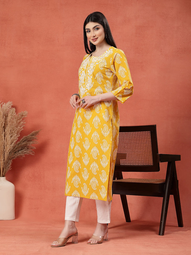Yellow Color Paisley Printed Thread Work Notch Neck Pure Cotton Straight Kurta