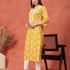 Yellow Color Paisley Printed Thread Work Notch Neck Pure Cotton Straight Kurta