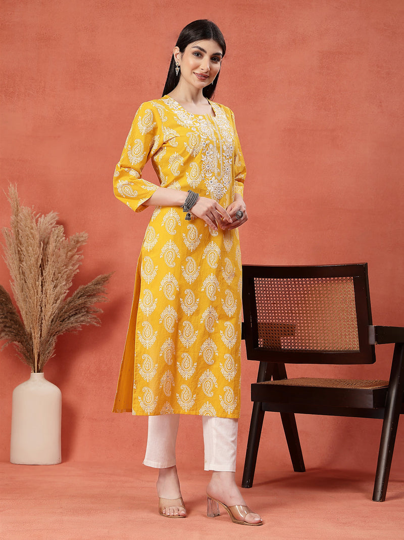 Yellow Color Paisley Printed Thread Work Notch Neck Pure Cotton Straight Kurta