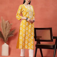 Yellow Color Paisley Printed Thread Work Notch Neck Pure Cotton Straight Kurta