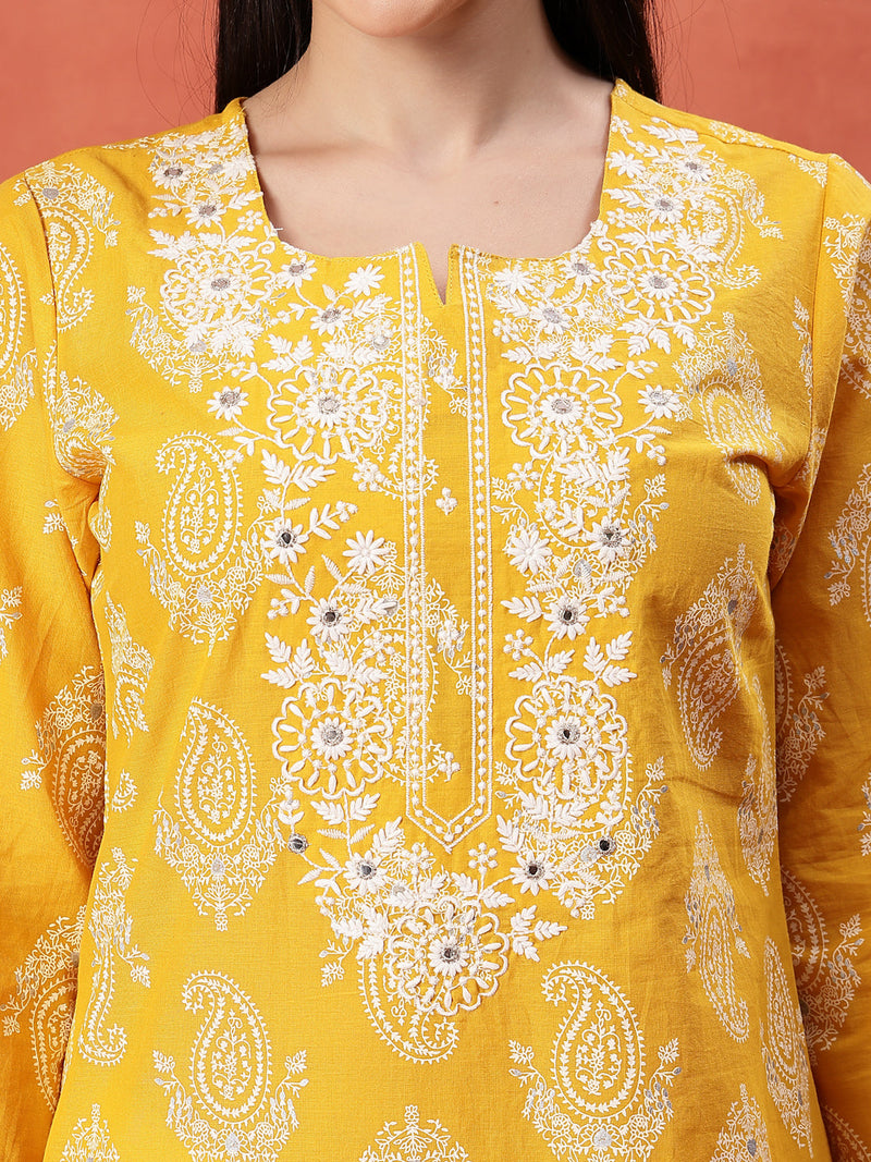Yellow Color Paisley Printed Thread Work Notch Neck Pure Cotton Straight Kurta