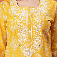 Yellow Color Paisley Printed Thread Work Notch Neck Pure Cotton Straight Kurta