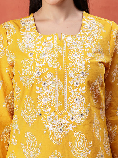 Yellow Color Paisley Printed Thread Work Notch Neck Pure Cotton Straight Kurta