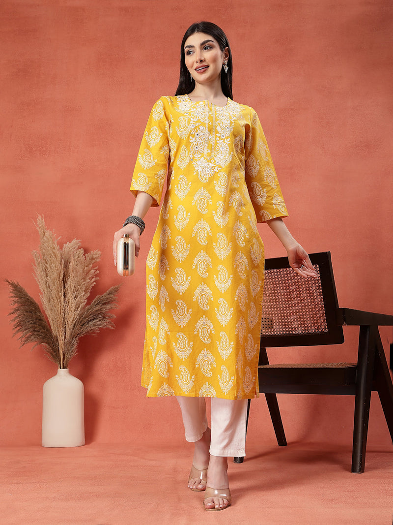 Yellow Color Paisley Printed Thread Work Notch Neck Pure Cotton Straight Kurta