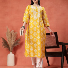 Yellow Color Paisley Printed Thread Work Notch Neck Pure Cotton Straight Kurta