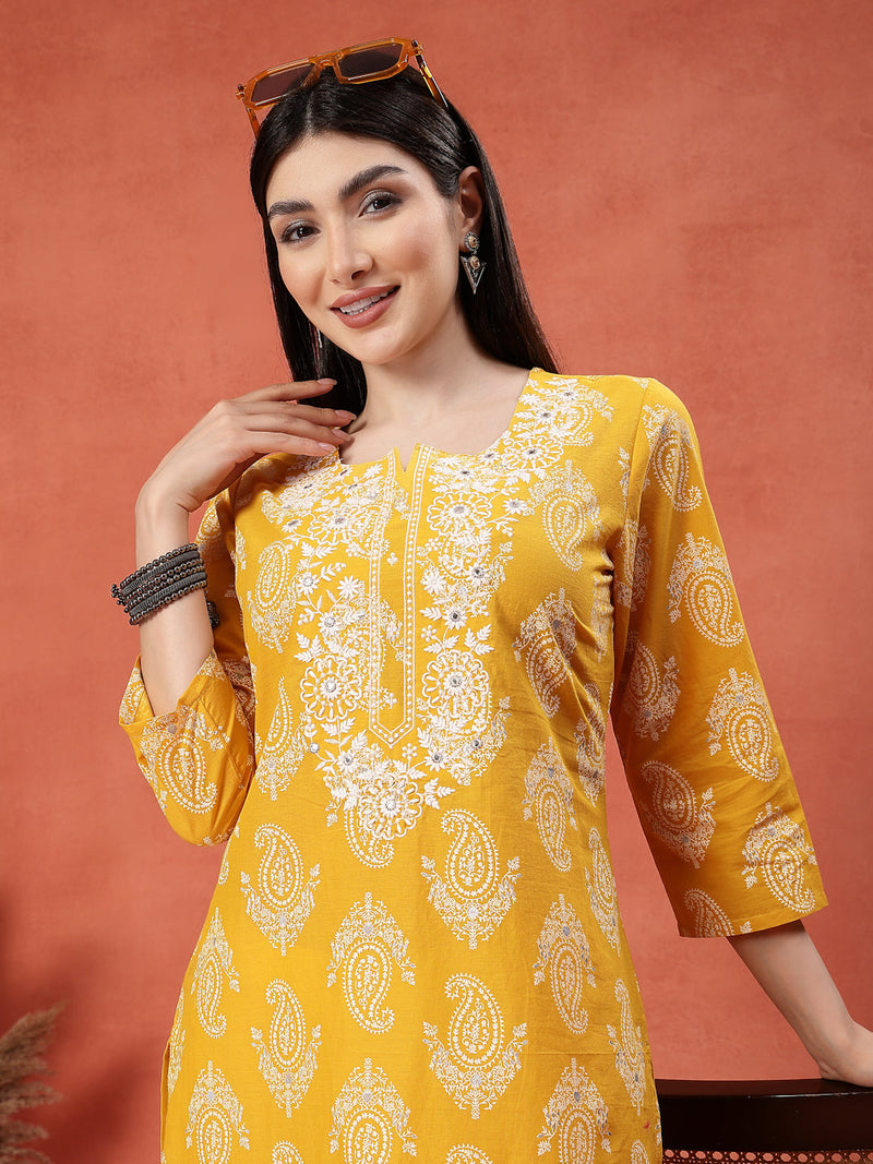 Yellow Color Paisley Printed Thread Work Notch Neck Pure Cotton Straight Kurta