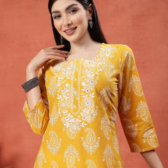 Yellow Color Paisley Printed Thread Work Notch Neck Pure Cotton Straight Kurta
