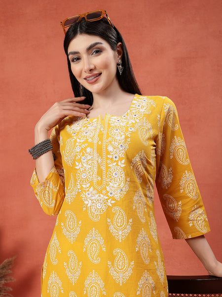 Yellow Color Paisley Printed Thread Work Notch Neck Pure Cotton Straight Kurta