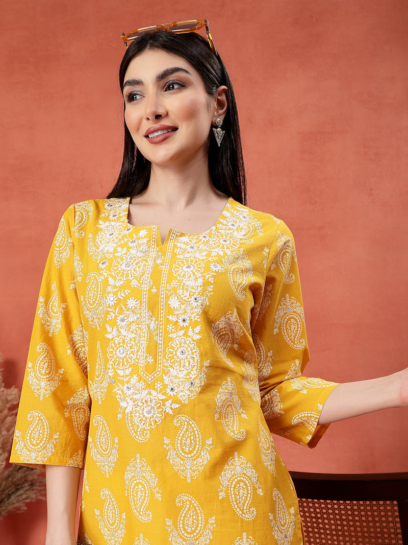 Yellow Color Paisley Printed Thread Work Notch Neck Pure Cotton Straight Kurta