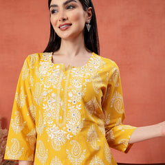 Yellow Color Paisley Printed Thread Work Notch Neck Pure Cotton Straight Kurta