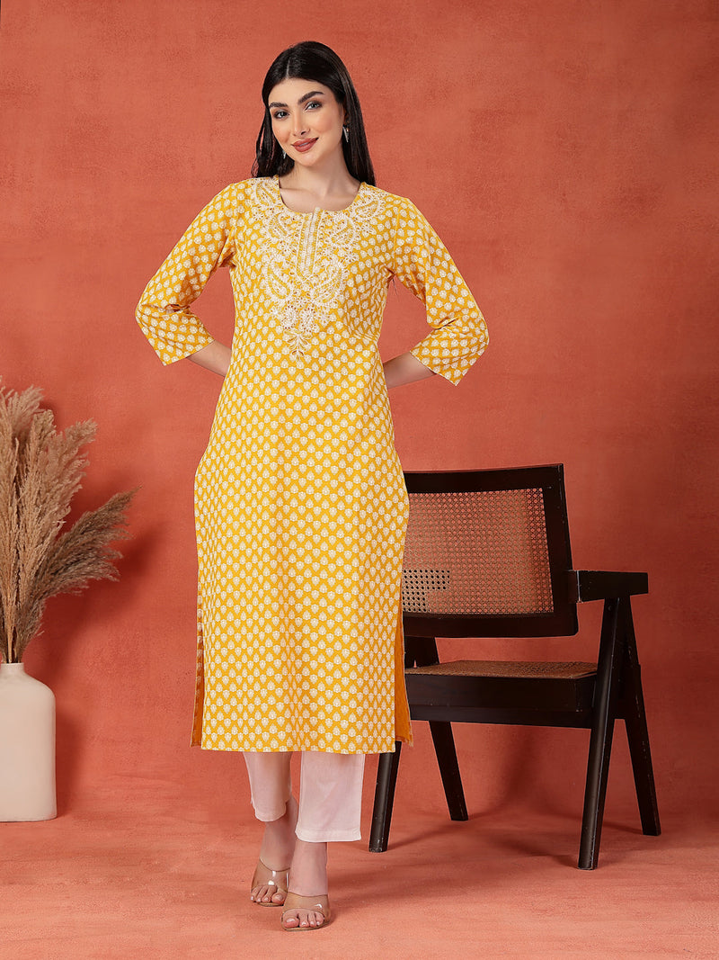 Women Floral Printed Thread Work Notch Neck Pure Cotton Straight Kurta