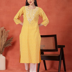 Women Floral Printed Thread Work Notch Neck Pure Cotton Straight Kurta