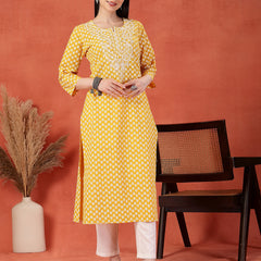 Women Floral Printed Thread Work Notch Neck Pure Cotton Straight Kurta