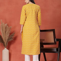 Women Floral Printed Thread Work Notch Neck Pure Cotton Straight Kurta