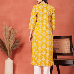 Women Paisely Printed Thread Work Notch Neck Pure Cotton Straight Kurta