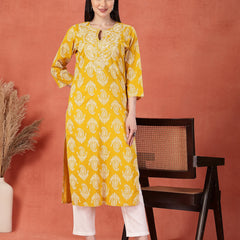 Women Paisely Printed Thread Work Notch Neck Pure Cotton Straight Kurta