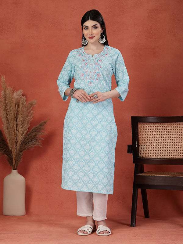 Women Ethnic Motif Embroidered Round Neck Straight Cotton Kurta
