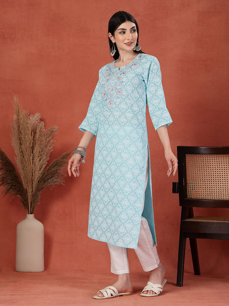 Women Ethnic Motif Embroidered Round Neck Straight Cotton Kurta
