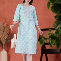 Women Ethnic Motif Embroidered Round Neck Straight Cotton Kurta