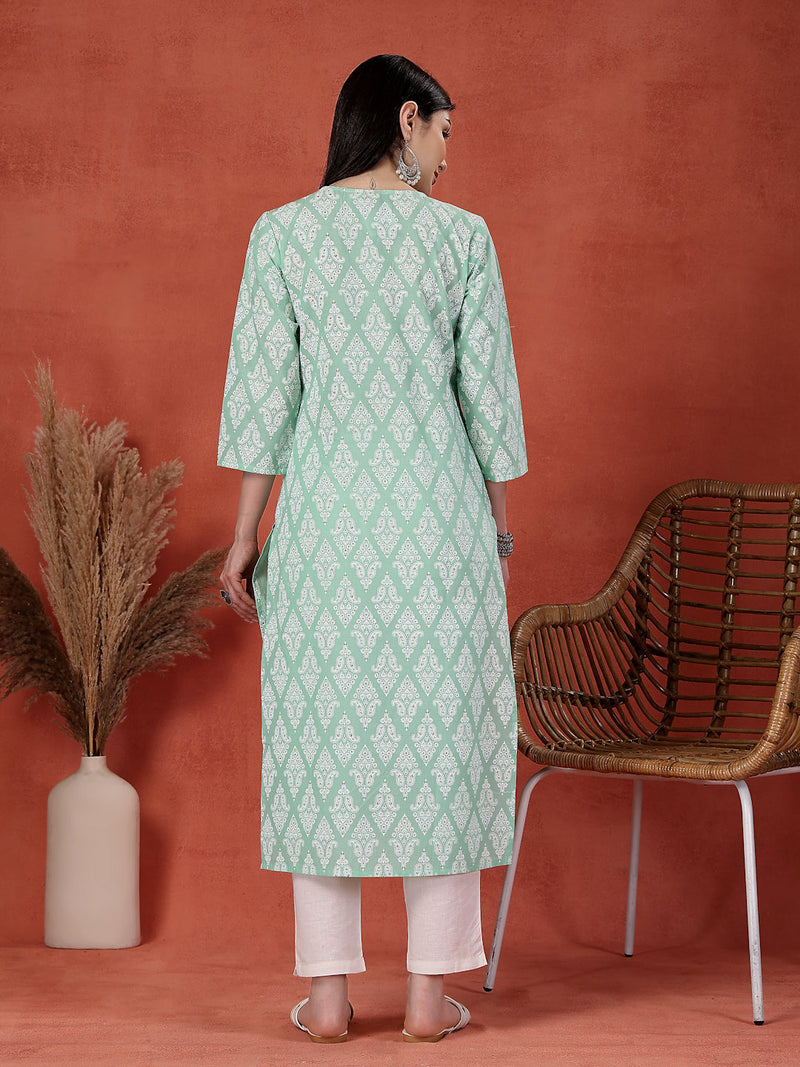 Women Floral Printed Notch Neck Thread Work Cotton Straight Kurta