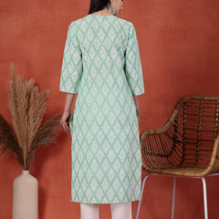 Women Floral Printed Notch Neck Thread Work Cotton Straight Kurta