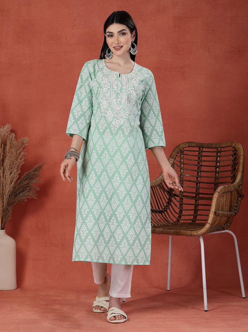 Women Floral Printed Notch Neck Thread Work Cotton Straight Kurta
