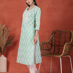 Women Floral Printed Notch Neck Thread Work Cotton Straight Kurta
