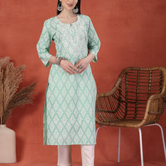 Women Floral Printed Notch Neck Thread Work Cotton Straight Kurta
