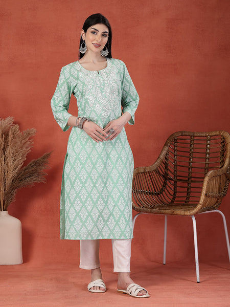 Women Floral Printed Notch Neck Thread Work Cotton Straight Kurta