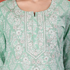 Women Floral Printed Notch Neck Thread Work Cotton Straight Kurta