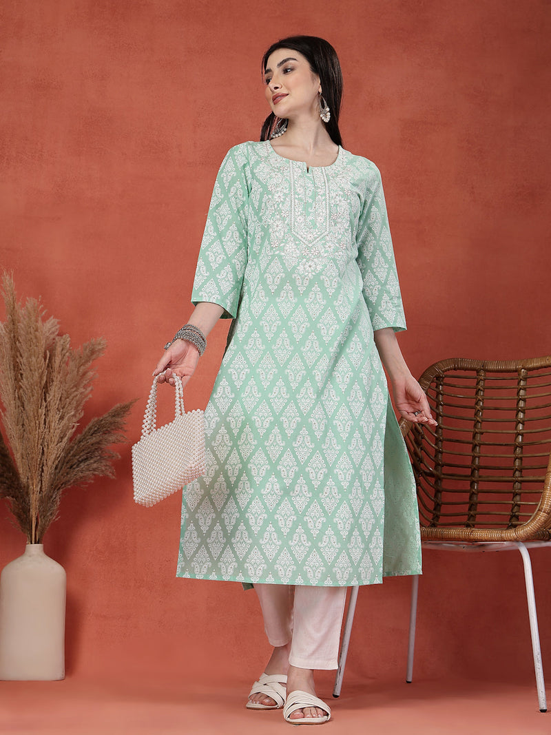 Women Floral Printed Notch Neck Thread Work Cotton Straight Kurta