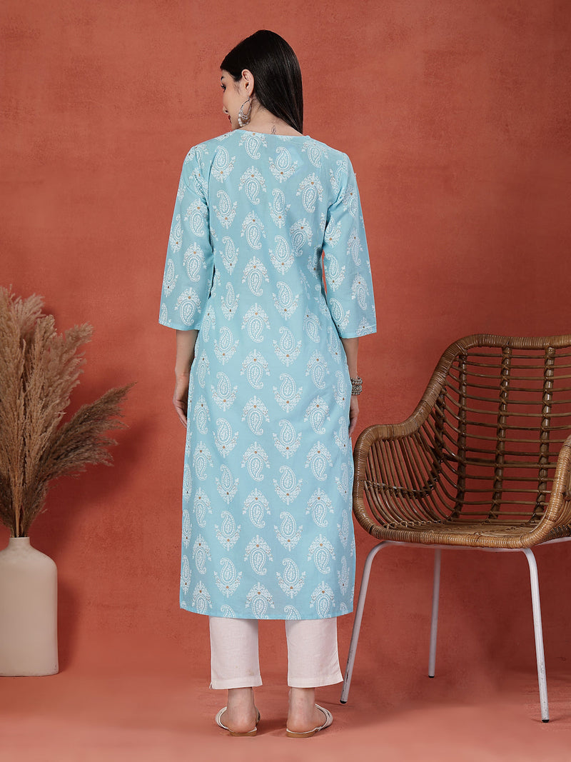Women Printed Thread Work Notch Neck Pure Cotton Straight Kurta
