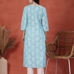 Women Printed Thread Work Notch Neck Pure Cotton Straight Kurta