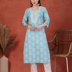 Women Printed Thread Work Notch Neck Pure Cotton Straight Kurta