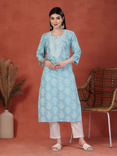 Women Printed Thread Work Notch Neck Pure Cotton Straight Kurta