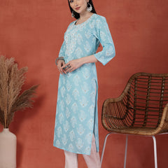 Women Printed Thread Work Notch Neck Pure Cotton Straight Kurta