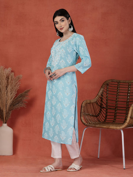 Women Printed Thread Work Notch Neck Pure Cotton Straight Kurta