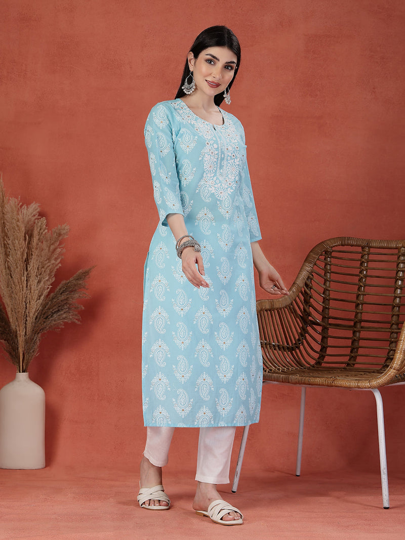 Women Printed Thread Work Notch Neck Pure Cotton Straight Kurta