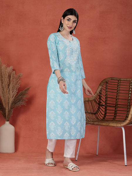 Women Printed Thread Work Notch Neck Pure Cotton Straight Kurta