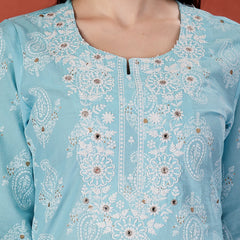 Women Printed Thread Work Notch Neck Pure Cotton Straight Kurta