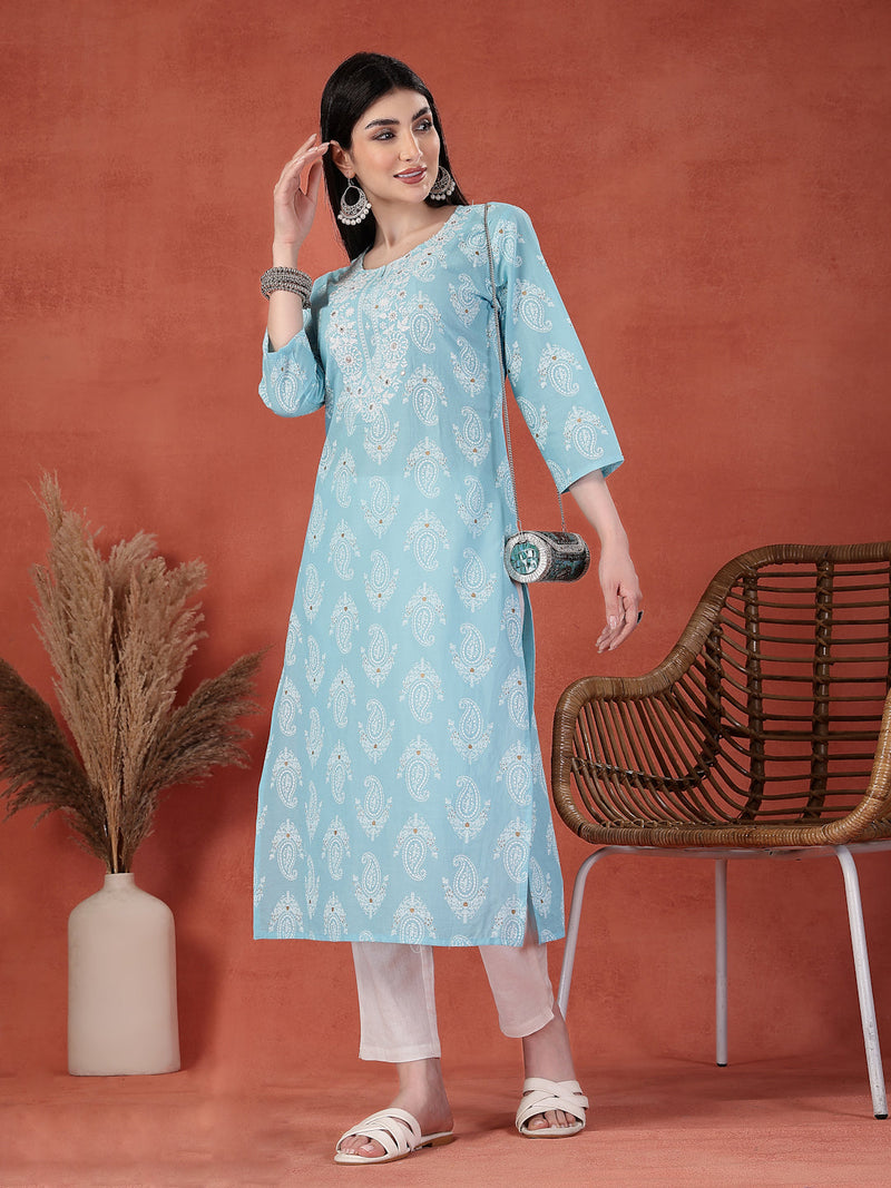 Women Printed Thread Work Notch Neck Pure Cotton Straight Kurta