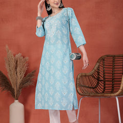 Women Printed Thread Work Notch Neck Pure Cotton Straight Kurta