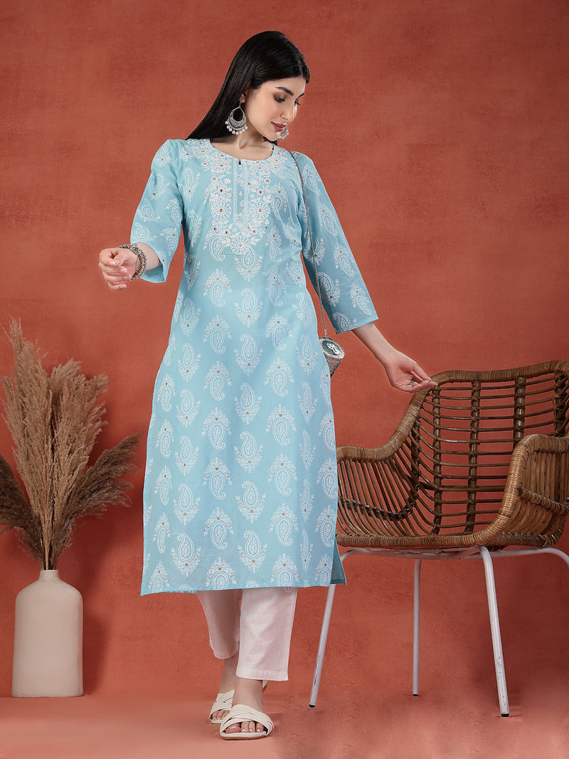 Women Printed Thread Work Notch Neck Pure Cotton Straight Kurta