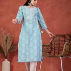 Women Printed Thread Work Notch Neck Pure Cotton Straight Kurta