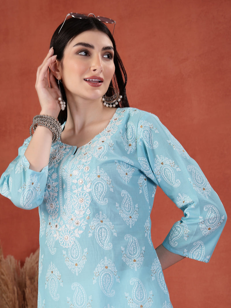 Women Printed Thread Work Notch Neck Pure Cotton Straight Kurta